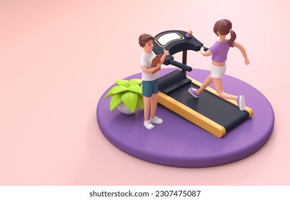 Instructor with a Woman Running on Treadmill in Gym. 3D Illustra - Powered by Shutterstock