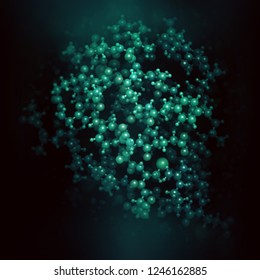 Insulin peptide hormone. Important drug in treatment of diabetes. 3D rendering based on protein data bank entry 1trz. Ball-and-stick model, black background.
