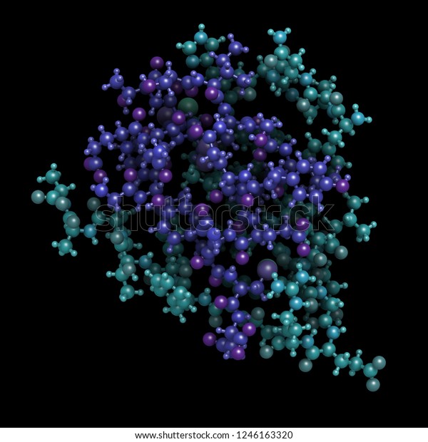 インスリンペプチドホルモン 糖尿病治療に重要な薬物 3dレンダリングは タンパク質データバンクエントリ1trzに基づきます 黒い背景にボール アンド スティック モデル Aチェーンは青 Bチェーンはシアン のイラスト素材