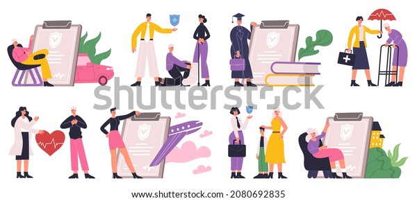 Insurance agent offers people protecting, life\
and property. Property protection, healthcare and medical service \
Illustration set. Risk insurance protection. Agent insurance offer\
protection