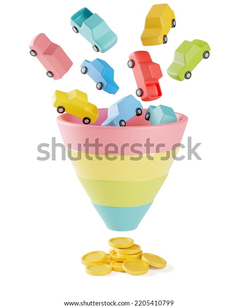 Insurance or car sales bring money. Sales funnel\
with cars that bring coins as a symbol of profit. isolated on white\
background. 3d\
render.