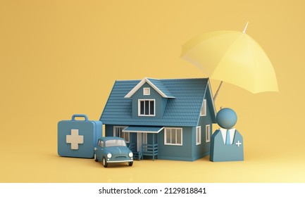 Insurance company client take out complete insurance concept. Assurance and insurance: car, real estate and property, travel, finances, health, family and life. realistic 3d render yellow and blue
