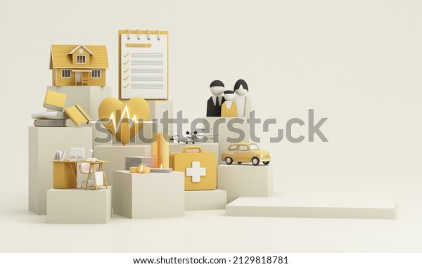 Insurance\
company client take out complete insurance concept. Assurance and\
insurance: car, real estate and property, travel, finances, health,\
family and life. realistic 3d render\
yellow