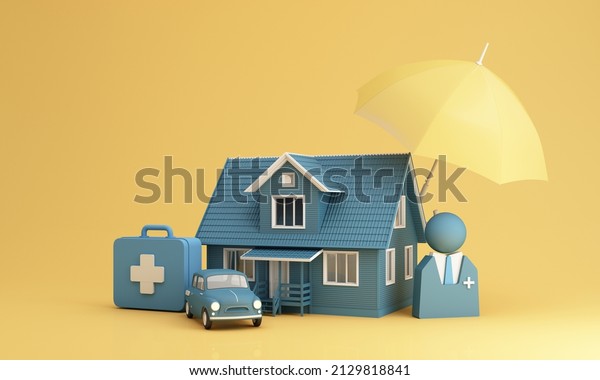 Insurance company client take out complete insurance\
concept. Assurance and insurance: car, real estate and property,\
travel, finances, health, family and life. realistic 3d render\
yellow and\
blue