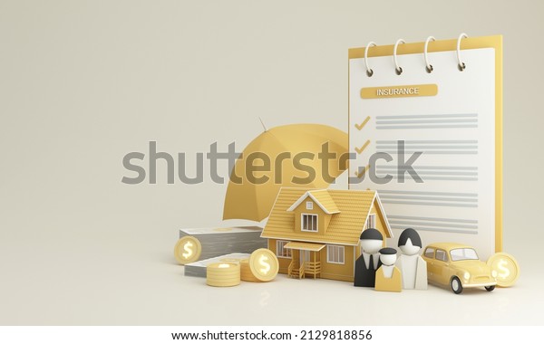 Insurance company\
client take out complete insurance concept. Assurance and\
insurance: car, real estate and property, travel, finances, health,\
family and life. 3d render\
yellow