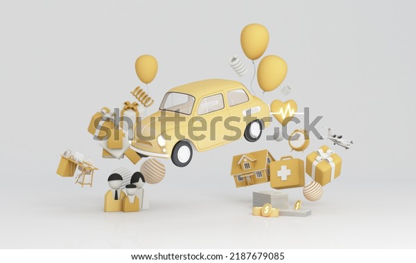 Insurance company client take out car insurance\
concept for text. Assurance and insurance: car, real estate and\
property, travel, finances, health, family and life. realistic\
cartoon -3d\
render