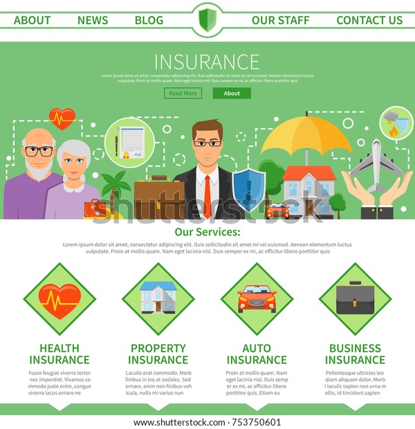 Insurance\
company services one page site design with policy specifications\
and flat icons symbols abstract  illustration\
