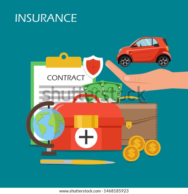 Insurance concept flat illustration. Car on human\
hand palm, briefcase, contract, dollar coins and banknotes, first\
aid kit and globe. Health, business risk and car insurance poster,\
banner.