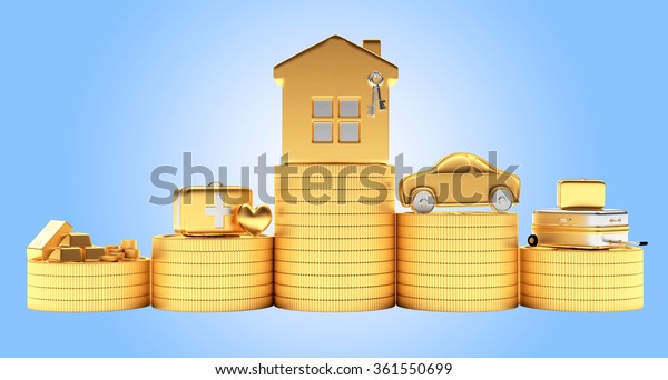 Insurance concept.
House, car, savings, medical and travel suitcases on stacks of
coins on blue background  
