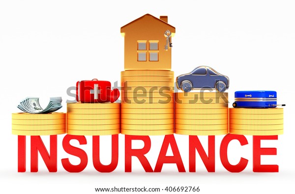 Insurance concept. House, car, savings,\
medical and travel suitcases on stacks of coins isolated on white\
background. 3d\
illustration