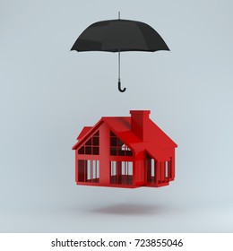 Insurance Concept Of Life Insurance, Home Insurance To Protection By Umbrella On Pastel Blue Background. Used For Graphic Design Or Website. Minimal Concept Idea.