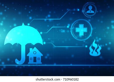 Insurance Concept: Pixelated Umbrella And House Icon On Digital Background, Empty Copyspace For Card, Text, Advertising