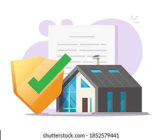 Insurance Of Home, House Protection Safety Contract Concept, Residential Apartment Protected With Shield Check Mark And Indemnity Legal Document Modern Design Illustration Image