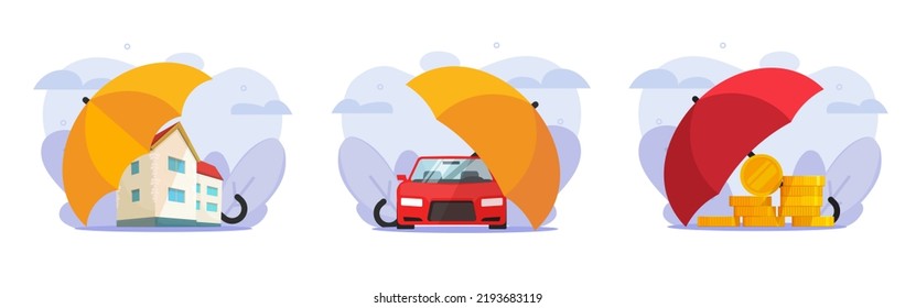 Insurance House Property, Car And Money Set Icon Or Financial Investment Risk Coverage, Auto Vehicle Accident Protection Assurance And Home Safety Security Umbrella Cover Graphic Modern