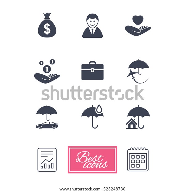 Insurance icons. Life, Real estate and House signs.\
Saving money, vehicle and umbrella symbols. Report document,\
calendar icons.\
