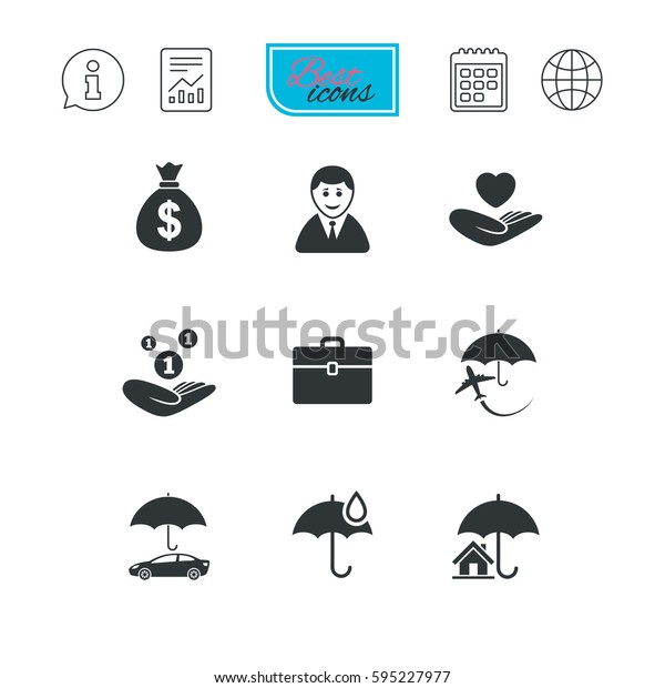 Insurance icons. Life, Real estate and House\
signs. Saving money, vehicle and umbrella symbols. Report document,\
calendar and information web icons.\
