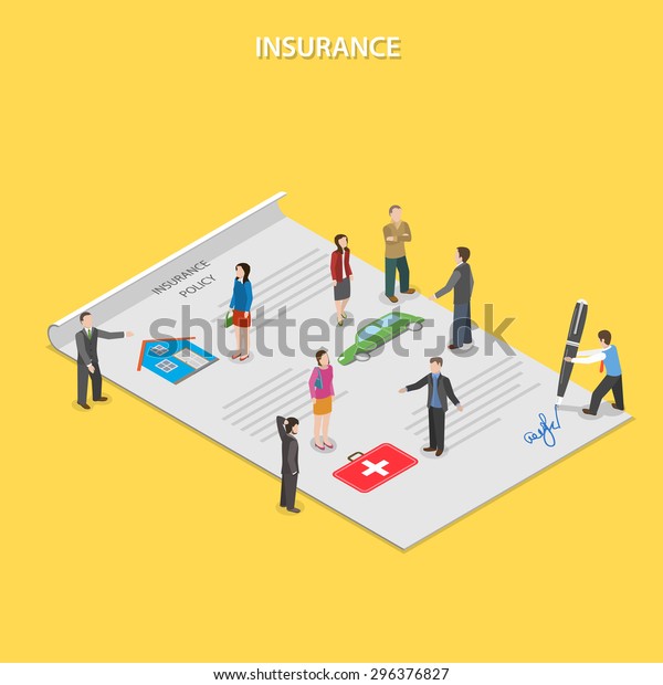 Insurance policy flat isometric concept.\
Insurance agents tell people about insurance conditions. All people\
are standing on paper insurance\
policy.
