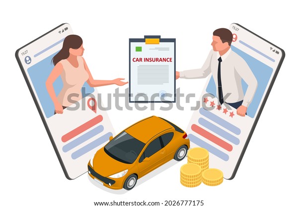 Insurance\
policy. Isometric Car Insurance services. Auto insurance policy\
with cash and key fob. Protection from danger, providing security.\
Protection from danger, providing\
security.