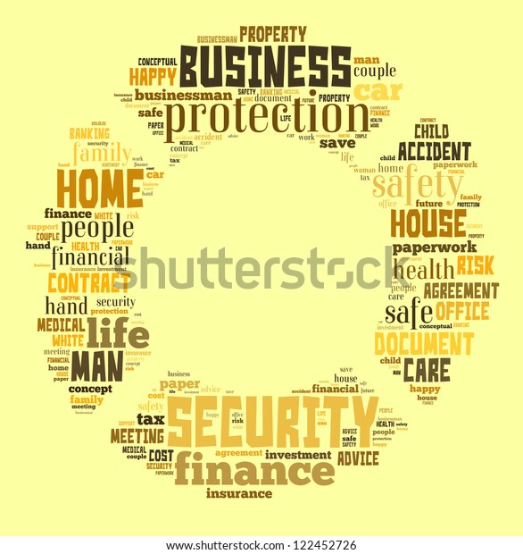 Insurance Protection word clouds in life buoy\
shape isolated in white\
background