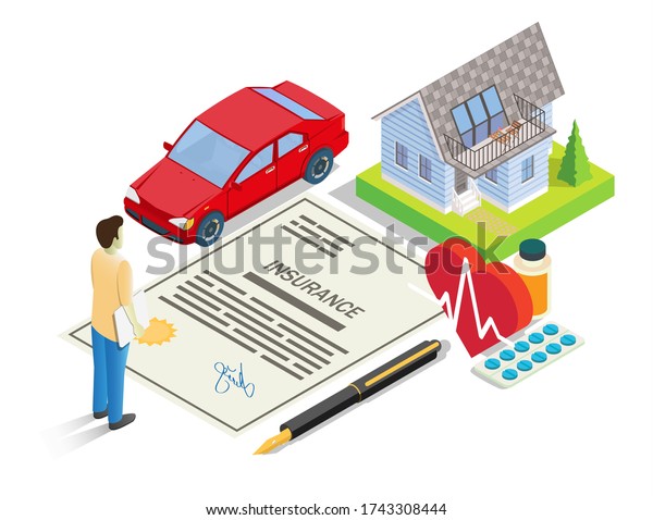 Insurance services illustration. Isometric car,\
house, insurance policy, money, pen, heart with medicaments and\
male character. Auto, home, health insurance concept for banner,\
website page\
etc