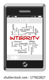 Integrity Word Cloud Concept of Touchscreen Phone with great terms such as values, honesty, truth and more.