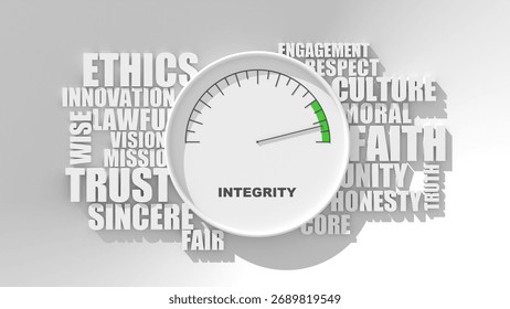 Integrity word displayed with a tachometer or barometer. Concept, indicating a high level of honesty, moral principles, or ethical behavior in a given context. 3D render