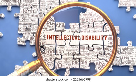 Intellectual disability as a complex topic under close inspection. Complexity shown as puzzle pieces with dozens of ideas and concepts correlated to Intellectual disability,3d illustration