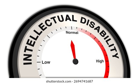 Intellectual disability level shown as normal, illustrated as text or word on a barometer or tachometer gauge, visualizing moderate cognitive impairment, balanced development, and stable mental