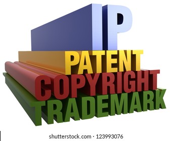 Intellectual Property Patent Copyright Trademark 3D Word Stack With Clipping Path