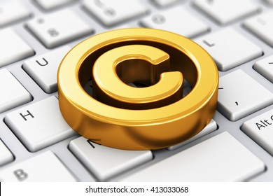 Intellectual Property Protection, Patent And Trademark Law Technology Concept: 3D Render Illustration Of Copyright Symbol, Sign, Mark, Logo Or Icon On White Computer PC Or Notebook Laptop Keyboard