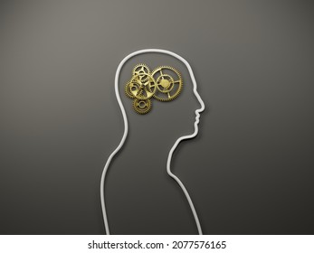 Intelligence, Healthy Mind, Creativity Concept. Golden Clockwork Mechanism Inside A Human Silhoutte On Gray Background. Digital 3D Rendering.