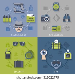 Intelligence Secret Agent Security Gadgets 4 Flat Icons Composition With Spy Sunglasses Camera Abstract Isolated  Illustration