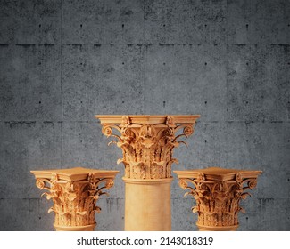 intense wood antique Greek architecture sculpture classic column podium concrete background display premium luxury product text space promotion advertising template 3d rendering mockup concept