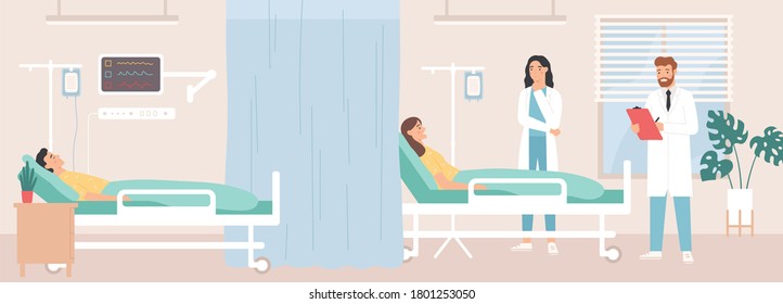 Intensive Therapy Clinic. Doctors Visiting Patients In Ward, Nurse Provide Hospital Care Using Mechanical Ventilation Apparatus. Woman And Man Lying In Bed With Dropper In Clinic Room Flat .