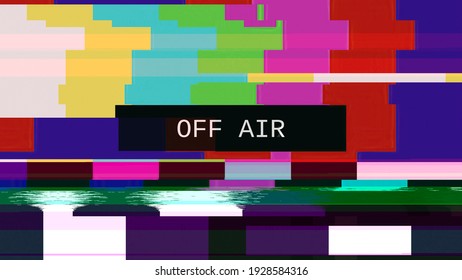 Intentional Heavy Glitch Distortion Effect On A TV Transmission: SMPTE Color Bars (a Television Screen Test Pattern) With The Text Off Air.
