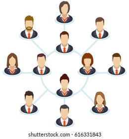 The interaction of the staff. Corporate organization chart with business people icons. Company business structure in a flat style. Raster illustration.