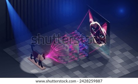 Interactive 3D Neural Network and Cat Illustration in Digital Technology. 3D Illustration