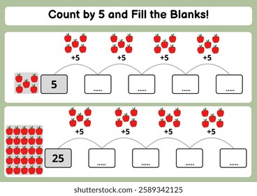 Interactive Counting by 5 Worksheet with Apple Illustration — Fill in the blanks math activity for kids. Great for preschool and kindergarten number practice.