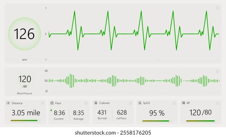 Interactive Interface Mockup Displaying Real-time Heart Rate, Blood Pressure, Distance, Pace, Calories Burned, and Spo2 Levels. Health Monitoring, Fitness, and Medical Technology Demonstrations.