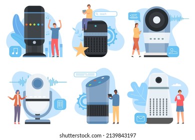 Interactive Smart Speaker, Wireless Voice Command Device. People Use House Ai Audio Assistant For Communication And Internet  Concept. Illustration Of Device Smart Control