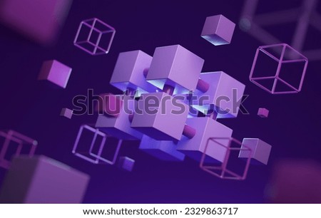 Interconnected digital block technology collected in a cubic. and broken down into smaller pieces on digital abstract background. 3d render illustration.