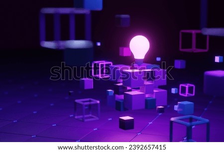 Interconnected digital blocks in cubic form with light bulb creative and modern take, blockchain technology. perfect for use presentations, marketing materials, website design. 3d render illustration.