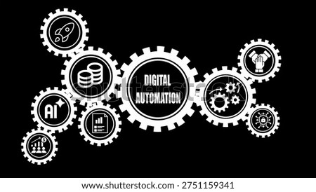 Interconnected white gears with representing digital automation business concepts on a black background including AI rocket coins and teamwork