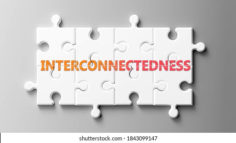 Interconnectedness complex like a puzzle - pictured as word Interconnectedness on a puzzle to show that it can be difficult and needs cooperating pieces that fit together, 3d illustration