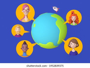 Intercultural Communication, Interethnic Relations, Politics Of Difference. Global World Communication Network Around Planet Earth, Trendy 3d Illustration.