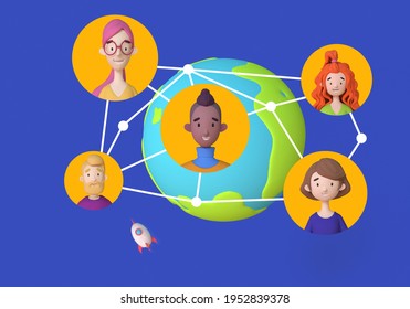 Intercultural Communication, Interethnic Relations, Politics Of Difference. Global World Communication Network Around Planet Earth, Trendy 3d Illustration.