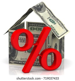 Interest on the mortgage. A house made of American dollar bills standing on white surface and red symbol of percentage.  Isolated. 3D Illustration