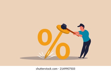 Interest Rate And Low Loan Fed Mortgage. Lower Percentage Reduce And Business Discount Down Illustration Concept. Economic Drop And Finance To Zero With Hammer. Savings Payment And Money