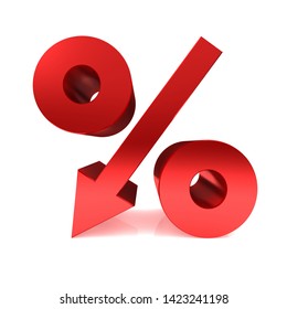 Interest Rate Lower Price Moving Down Falling Percent Percentage Sign Icon Symbol Red 3d Rendering Illustration Isolated On White Background