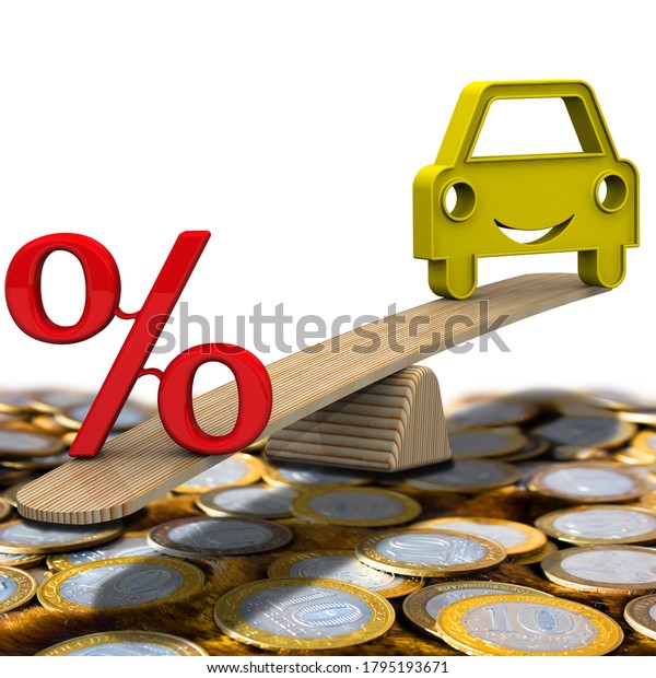 The interest rate on the car loan.\
Red percentage symbol and symbol of the car weighed on the balance\
stand on the surface of Russian coins. 3D\
illustration